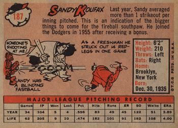 1958 Topps #187 Sandy Koufax Back