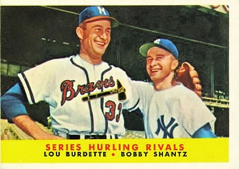 1958 Topps #289 Series Hurling Rivals (Lew Burdette / Bobby Shantz) Front