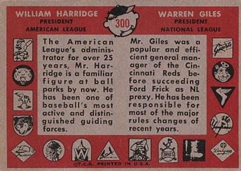1958 Topps #300 League Presidents (William Harridge / Warren Giles) Back