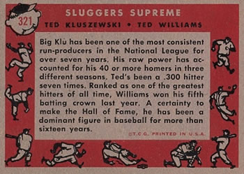 1958 Topps #321 Sluggers Supreme (Ted Kluszewski / Ted Williams) Back