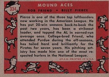 1958 Topps #334 Mound Aces (Bob Friend / Billy Pierce) Back