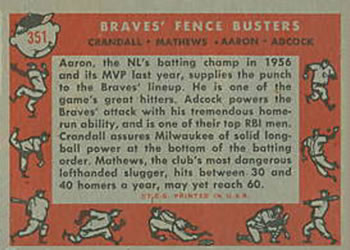 1958 Topps #351 Braves' Fence Busters (Del Crandall / Ed Mathews / Hank Aaron / Joe Adcock) Back