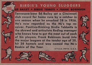 1958 Topps #386 Birdie's Young Sluggers (Ed Bailey / Birdie Tebbets / Frank Robinson) Back