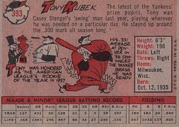 1958 Topps #393 Tony Kubek Back