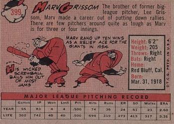 1958 Topps #399 Marv Grissom Back