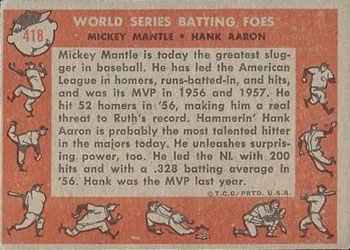 1958 Topps #418 World Series Batting Foes (Mickey Mantle / Hank Aaron) Back