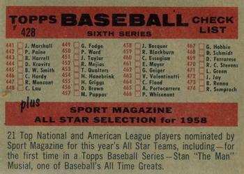 1958 Topps #428 Cincinnati Redlegs Back