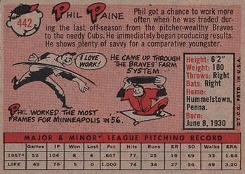 1958 Topps #442 Phil Paine Back