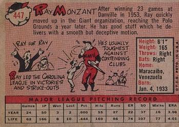 1958 Topps #447 Ray Monzant Back