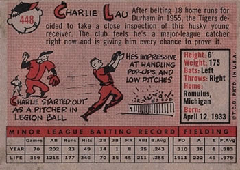 1958 Topps #448 Charlie Lau Back