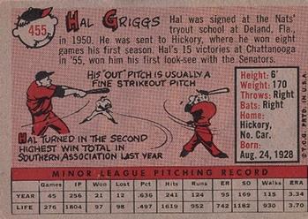 1958 Topps #455 Hal Griggs Back
