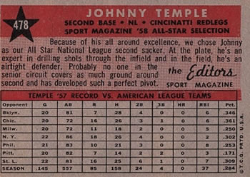 1958 Topps #478 Johnny Temple Back