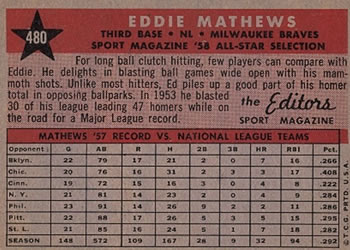 1958 Topps #480 Eddie Mathews Back