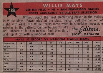 1958 Topps #486 Willie Mays Back