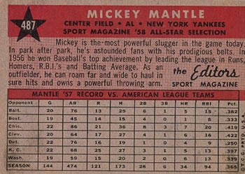 1958 Topps #487 Mickey Mantle Back