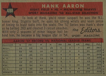 1958 Topps #488 Hank Aaron Back