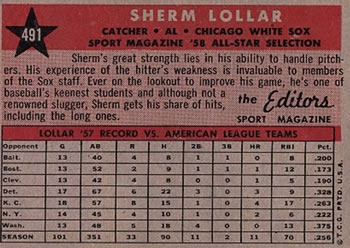 1958 Topps #491 Sherm Lollar Back