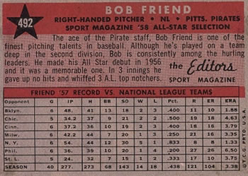 1958 Topps #492 Bob Friend Back
