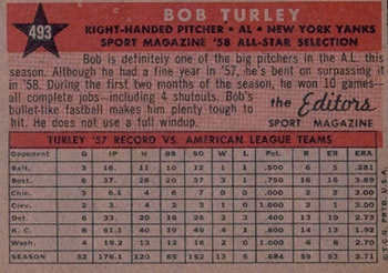 1958 Topps #493 Bob Turley Back