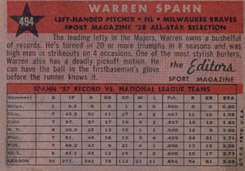 1958 Topps #494 Warren Spahn Back