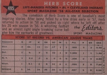 1958 Topps #495 Herb Score Back
