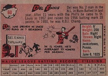 1958 Topps #60 Del Ennis Back