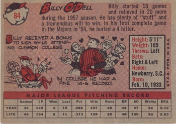 1958 Topps #84 Billy O'Dell Back