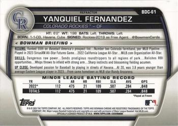 2023 Bowman Draft - Chrome Refractor #BDC-61 Yanquiel Fernandez Back