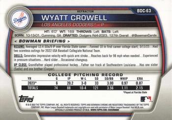 2023 Bowman Draft - Chrome Refractor #BDC-63 Wyatt Crowell Back