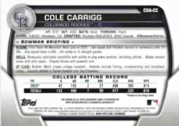 2023 Bowman Draft - Chrome Prospect Autographs #CDA-CC Cole Carrigg Back