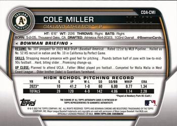 2023 Bowman Draft - Chrome Prospect Autographs Purple Refractor #CDA-CMI Cole Miller Back