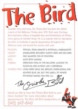 2003 Baltimore Orioles Photocards #NNO The Bird Back