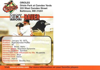 2005 Baltimore Orioles Photocards #NNO Rick Bauer Back