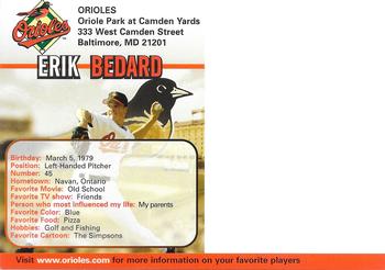 2005 Baltimore Orioles Photocards #NNO Erik Bedard Back