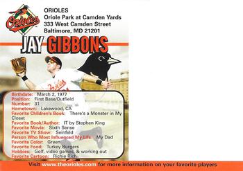 2005 Baltimore Orioles Photocards #NNO Jay Gibbons Back