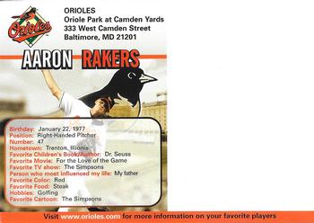 2005 Baltimore Orioles Photocards #NNO Aaron Rakers Back