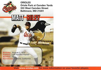 2005 Baltimore Orioles Photocards #NNO Matt Riley Back
