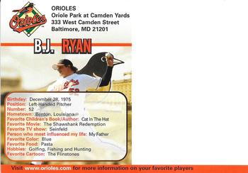 2005 Baltimore Orioles Photocards #NNO B.J. Ryan Back