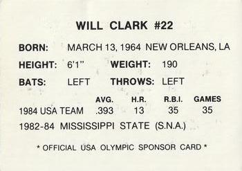 1985-90 Official USA Olympic Sponsor Card (Unlicensed) #NNO Will Clark Back
