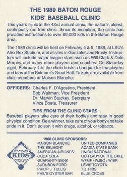 1989 Baton Rouge Kids' Baseball Clinic Promo #NNO Will Clark / Len Matuszek Back