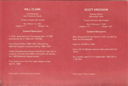 1992 Mark & See Superstars & Super Stats Perforated Insert Panels #NNO Scott Erickson / Will Clark Back