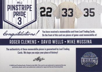 2023 Leaf A Bronx Legacy - Pinstripe Pride 3 Relics Bronze Holofoil #PP3-2 Roger Clemens / Mike Mussina / David Wells Back