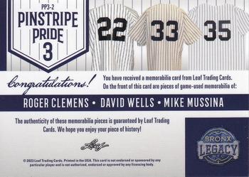 2023 Leaf A Bronx Legacy - Pinstripe Pride 3 Relics Emerald #PP3-2 Roger Clemens / Mike Mussina / David Wells Back