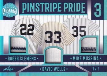 2023 Leaf A Bronx Legacy - Pinstripe Pride 3 Relics Platinum Holofoil #PP3-2 Roger Clemens / Mike Mussina / David Wells Front