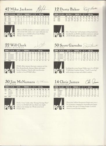 1992 PG&E San Francisco Giants - Panels #NNO Mike Jackson / Will Clark / Jim McNamara / Dusty Baker (CO) / Scott Garrelts / Chris James Back