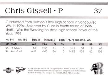 1998 Multi-Ad Rockford Cubbies #NNO Chris Gissell Back