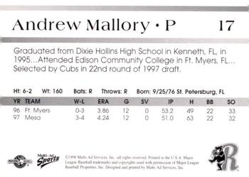 1998 Multi-Ad Rockford Cubbies #NNO Andrew Mallory Back