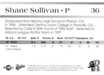 1998 Multi-Ad Rockford Cubbies #NNO Shane Sullivan Back