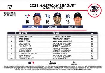 2024 Topps #57 American League Leaders Wins (Chris Bassitt / Zach Eflin / Gerrit Cole) Back
