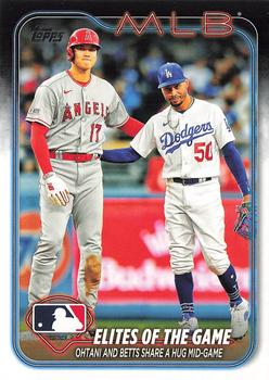 2024 Topps #138 Elites of the Game: Ohtani and Betts Share a Hug Mid-Game Front